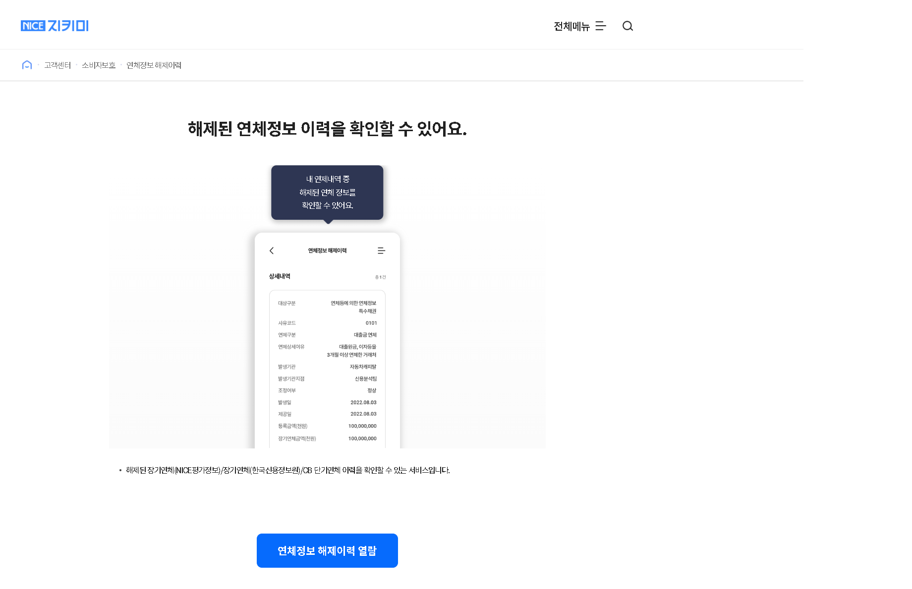 NICE지키미 연체정보 해제이력 조회 화면 — 고객센터 소비자보호 메뉴에서 해제된 장기연체·CB 단기연체 이력을 사유코드·발생일·등록금액과 함께 확인할 수 있다